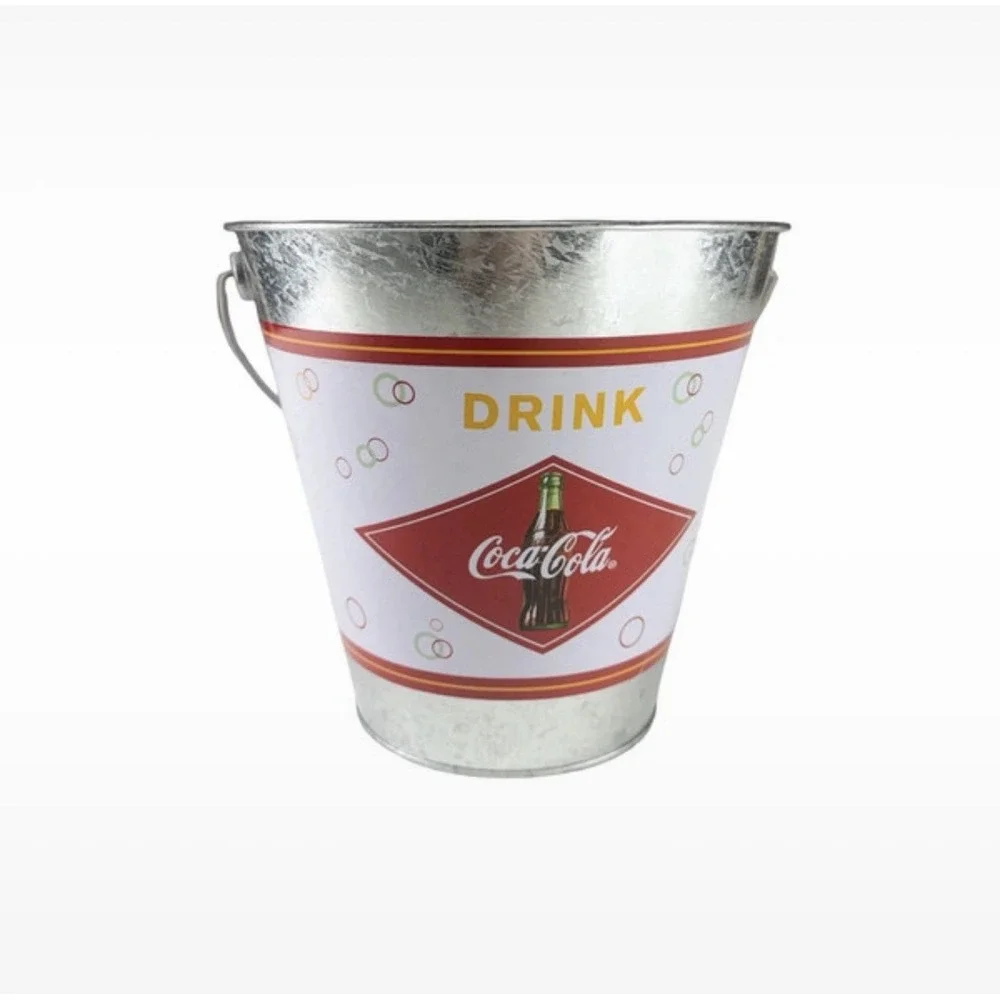 Coca-Cola Galvanized Metal Ice Bucket Party Beverage Tub Red Handle 8